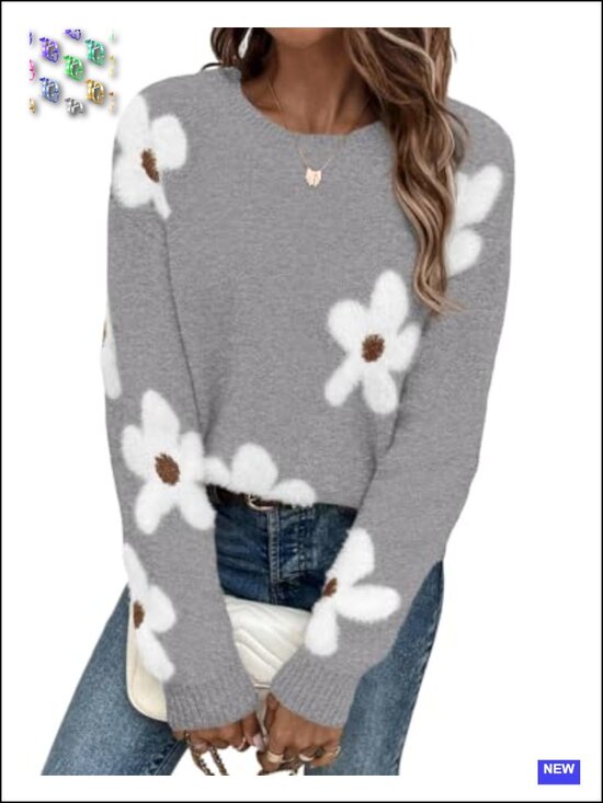 Sweaters - Women's Floral Chunky Knit Crewneck Pullover | Cozy Loose Fit Long Sleeve